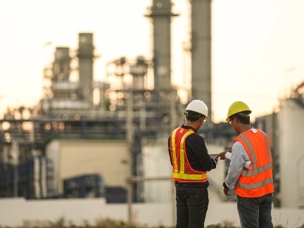 Two workers in front of a chemical plant
